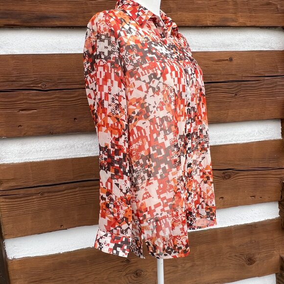 J. JILL Tribal, Geometric, Aztec Button-up Blouse. Orange, Brown Shirt Small S - Picture 4 of 8